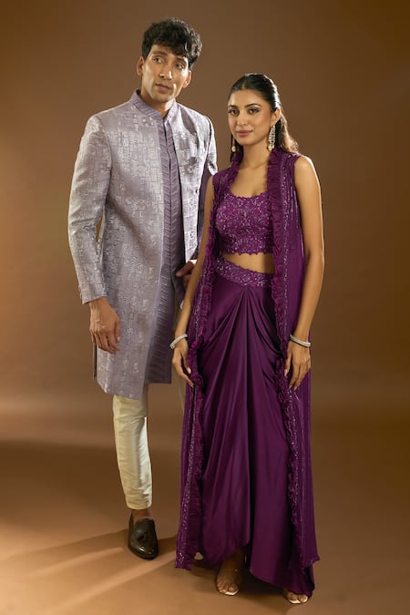 Shop_Arihant Rai Sinha_Purple Silk, Faux Leather Sequins, Embroidery Sherwani Set 
