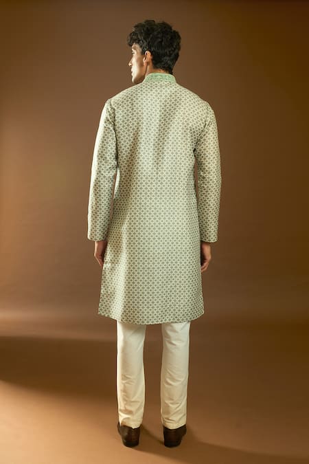 Arihant Rai Sinha_Green Cotton, Silk Embroidery Mughal Jaal Print Kurta Set _Online_at_Aza_Fashions