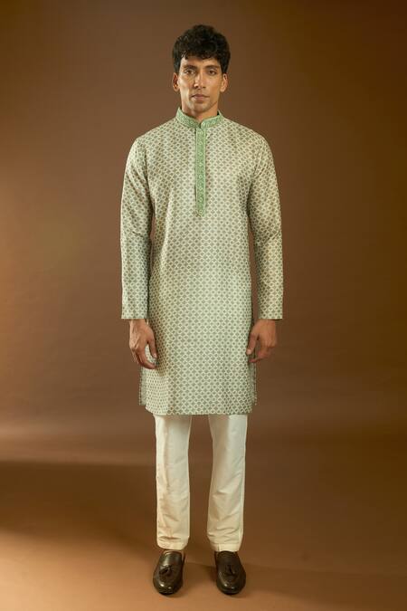 Shop_Arihant Rai Sinha_Green Cotton, Silk Embroidery Mughal Jaal Print Kurta Set _Online_at_Aza_Fashions