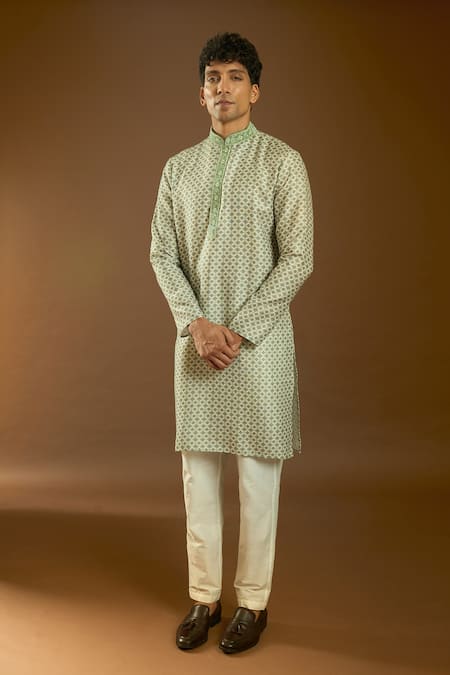 Arihant Rai Sinha_Green Cotton, Silk Embroidery Mughal Jaal Print Kurta Set _at_Aza_Fashions