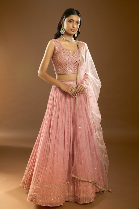 Buy_Ariyana by Aza_Pink Silk, Net, Georgette Sequins, Mirrors Square Neck Work Lehenga Set _Online_at_Aza_Fashions