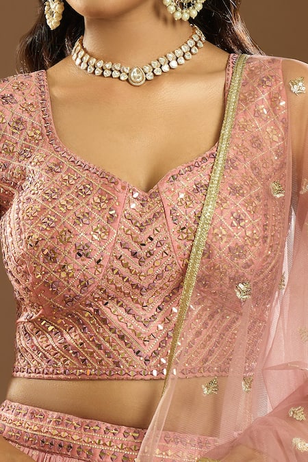 Shop_Ariyana by Aza_Pink Silk, Net, Georgette Sequins, Mirrors Square Neck Work Lehenga Set _Online_at_Aza_Fashions
