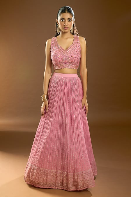 Buy_Ariyana By Aza_Pink Silk, Georgette, Net Sequins, Pearls, Cut Work, Embroidery Lehenga Set _Online_at_Aza_Fashions