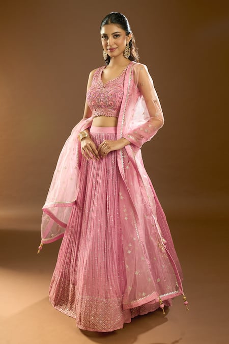 Shop_Ariyana By Aza_Pink Silk, Georgette, Net Sequins, Pearls, Cut Work, Embroidery Lehenga Set _Online_at_Aza_Fashions