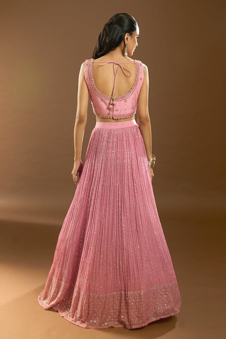 Buy_Ariyana By Aza_Pink Silk, Georgette, Net Sequins, Pearls, Cut Work, Embroidery Lehenga Set 