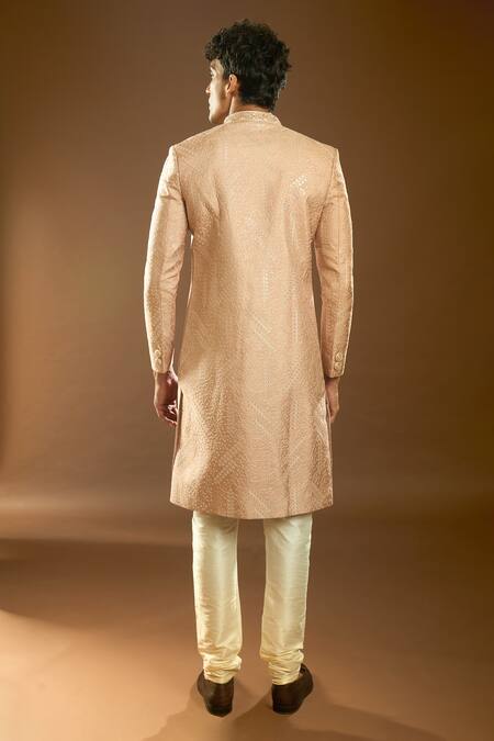 Arihant Rai Sinha_Peach Denim, Faux Leather Sequins Jasmine Vine Embroidered Sherwani Set _Online_at_Aza_Fashions