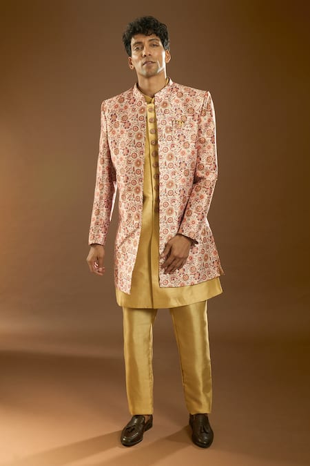 Arihant Rai Sinha Peach Silk Embroidery Floral Print Jacket And Kurta Set 