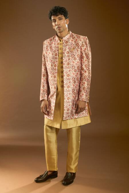 Arihant Rai Sinha Peach Silk Embroidery Floral Print Jacket And Kurta Set at Aza Fashions Arihant Rai Sinha_Peach Silk Embroidery Floral Print Jacket And Kurta Set _at_Aza_Fashions