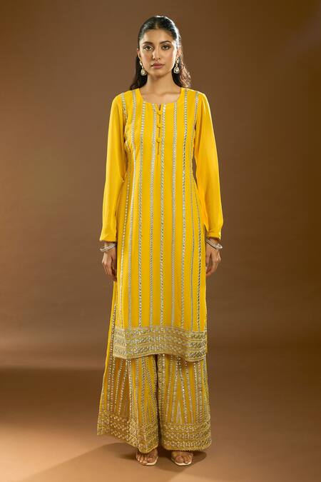 Samyukta Singhania_Yellow Chiffon, Silk Sequins, Gota Patti Collared Striped Kurta Palazzo Set_Online_at_Aza_Fashions