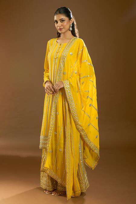 Buy_Samyukta Singhania_Yellow Chiffon, Silk Sequins, Gota Patti Collared Striped Kurta Palazzo Set_Online_at_Aza_Fashions