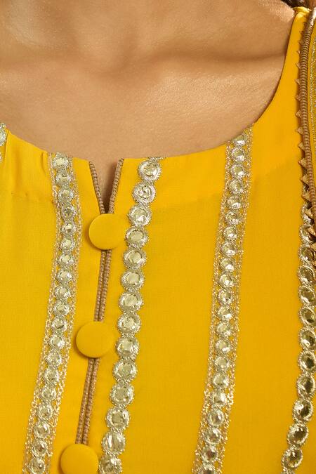 Shop_Samyukta Singhania_Yellow Chiffon, Silk Sequins, Gota Patti Collared Striped Kurta Palazzo Set_Online_at_Aza_Fashions
