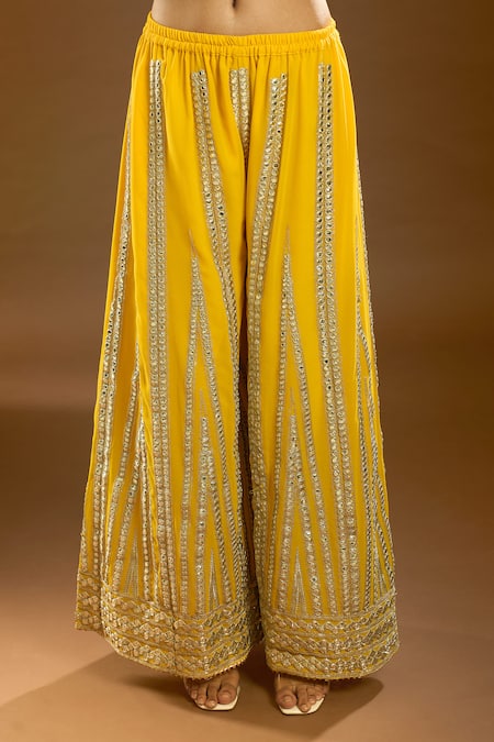 Samyukta Singhania_Yellow Chiffon, Silk Sequins, Gota Patti Collared Striped Kurta Palazzo Set_at_Aza_Fashions