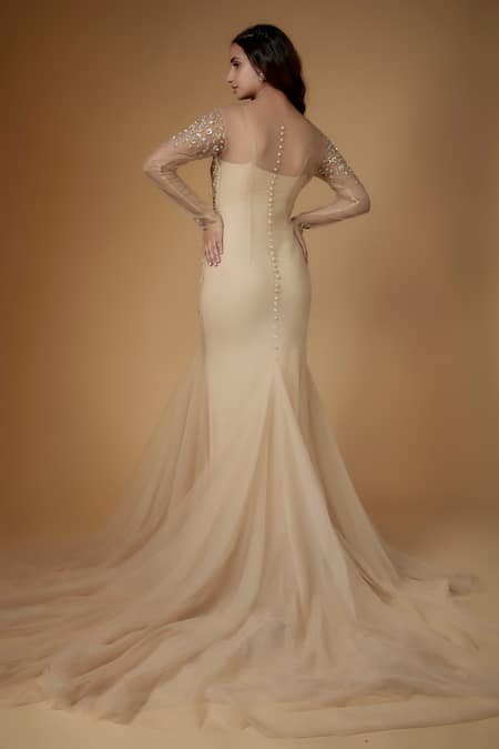 Shop FATIZ Gold Sequins, Beads Scoop Neck Champagne Embroidered Designer Gown at Aza Fashions Shop_FATIZ_Gold Sequins, Beads Scoop Neck Champagne Embroidered Designer Gown _at_Aza_Fashions