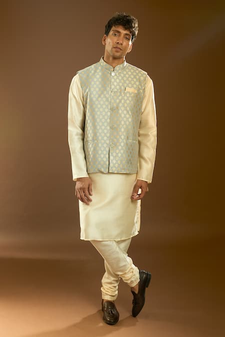 Arihant Rai Sinha Gray Jacquard, Silk Embroidery Floral Pattern Bundi And Kurta Set 