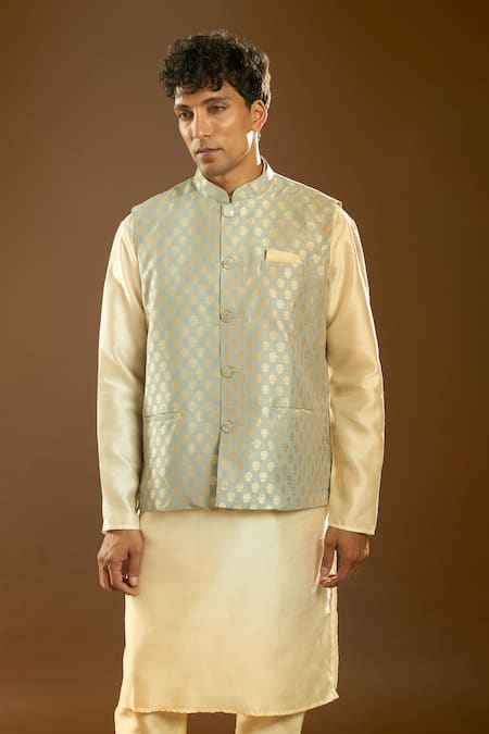 Buy_Arihant Rai Sinha_Gray Jacquard, Silk Embroidery Floral Pattern Bundi And Kurta Set 