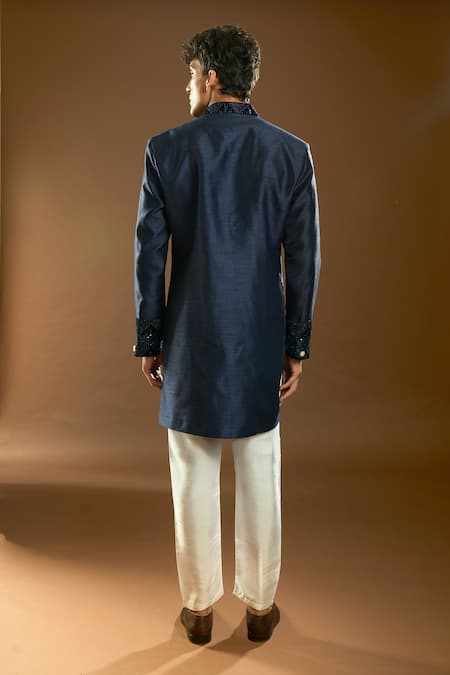Arihant Rai Sinha_Blue Silk, Polyester, Viscose Metallic Thread, Cut Dana Placement Sherwani Set _Online_at_Aza_Fashions