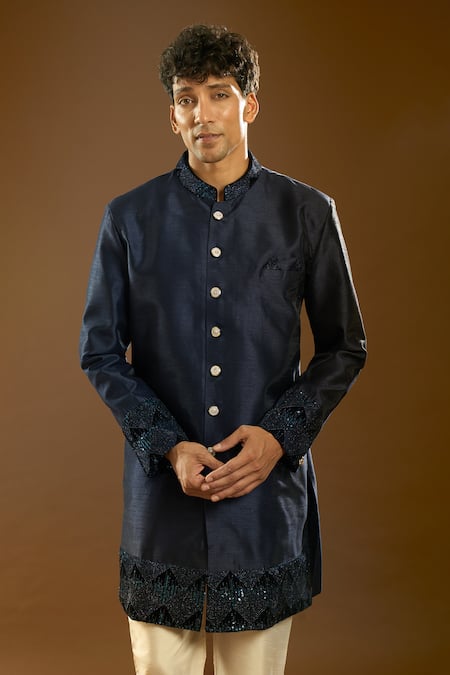 Buy_Arihant Rai Sinha_Blue Silk, Polyester, Viscose Metallic Thread, Cut Dana Placement Sherwani Set _Online_at_Aza_Fashions