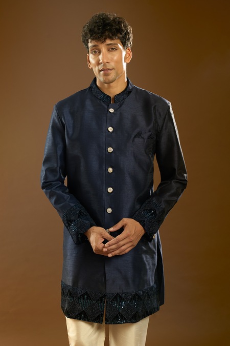 Buy_Arihant Rai Sinha_Blue Silk, Polyester, Viscose Metallic Thread, Cut Dana Placement Sherwani Set _Online_at_Aza_Fashions