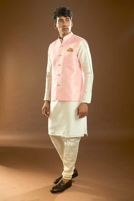 Arihant Rai Sinha_Pink Jacquard, Silk Embroidery Floral Pattern Bundi And Kurta Set _at_Aza_Fashions