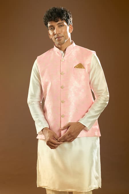 Buy_Arihant Rai Sinha_Pink Jacquard, Silk Embroidery Floral Pattern Bundi And Kurta Set 