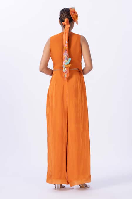 Shop Merge Design Orange Organza, Modal, Satin Applique, Embroidery, Fabric Blouse And Pant Set at Aza Fashions Shop_Merge Design_Orange Organza, Modal, Satin Applique, Embroidery, Fabric Blouse And Pant Set _at_Aza_Fashions