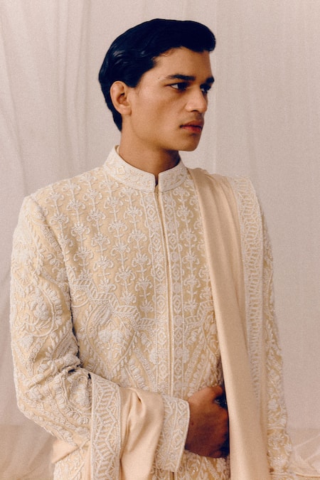 Buy_Amaare_Gold Silk Embroidery Designer Bani Sherwani Set _Online_at_Aza_Fashions