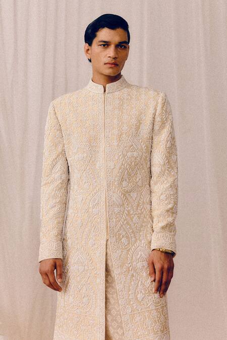 Shop_Amaare_Gold Silk Embroidery Designer Bani Sherwani Set _Online_at_Aza_Fashions