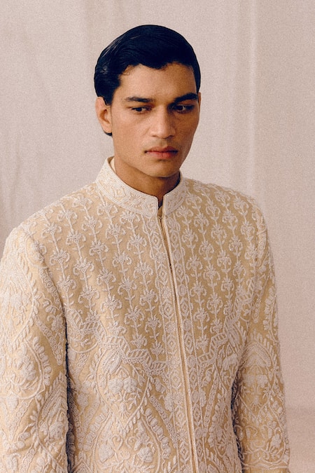 Amaare_Gold Silk Embroidery Designer Bani Sherwani Set _at_Aza_Fashions