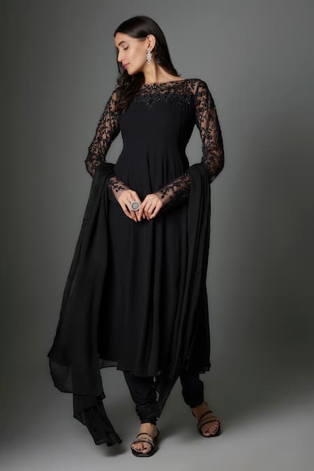 FATIZ Black Georgette, Lycra Embroidery Round Neck Anarkali Set 