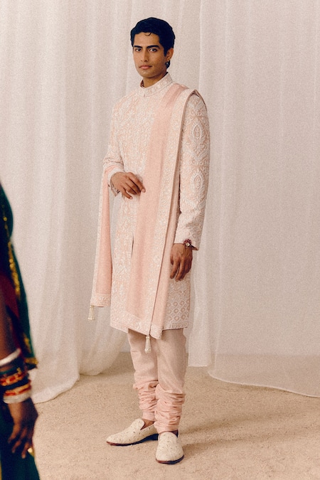 Amaare_Peach Silk Embroidery Patra Sherwani Set _Online_at_Aza_Fashions
