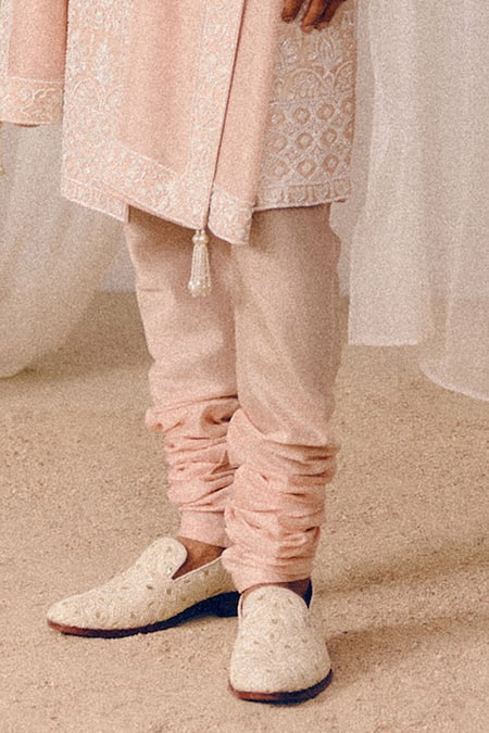Buy_Amaare_Peach Silk Embroidery Patra Sherwani Set _Online_at_Aza_Fashions