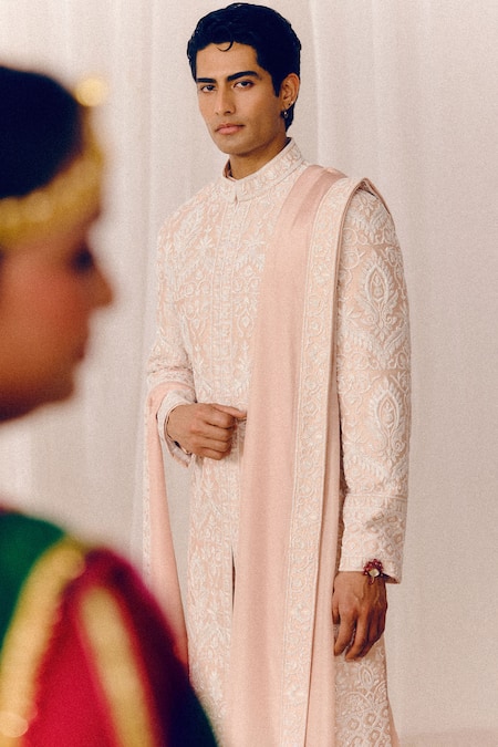 Shop_Amaare_Peach Silk Embroidery Patra Sherwani Set _Online_at_Aza_Fashions