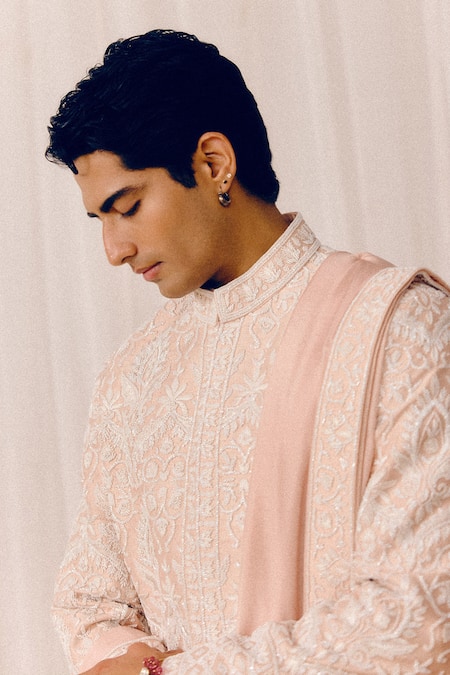 Amaare_Peach Silk Embroidery Patra Sherwani Set _at_Aza_Fashions