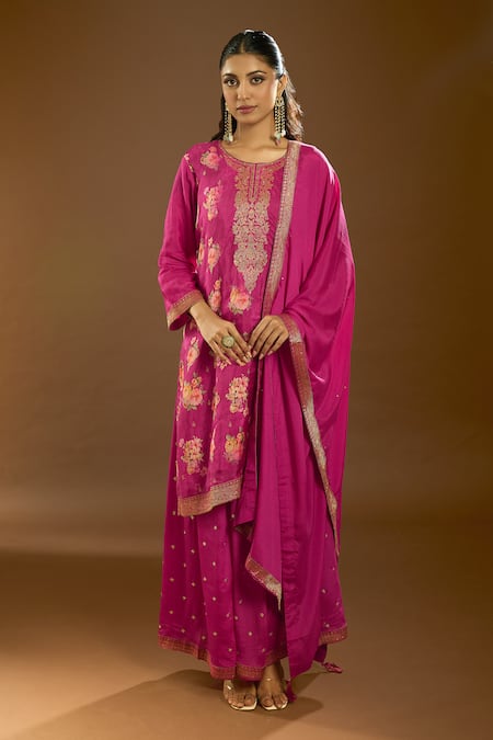 Buy_Naintara Bajaj_Pink Chiffon Sequins, Embroidery Round Neck Floral Bloom Print Kurta Sharara Set _Online_at_Aza_Fashions