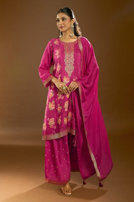 Shop_Naintara Bajaj_Pink Chiffon Sequins, Embroidery Round Neck Floral Bloom Print Kurta Sharara Set _Online_at_Aza_Fashions