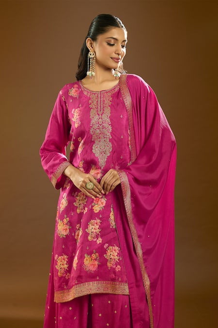 Naintara Bajaj_Pink Chiffon Sequins, Embroidery Round Neck Floral Bloom Print Kurta Sharara Set _at_Aza_Fashions