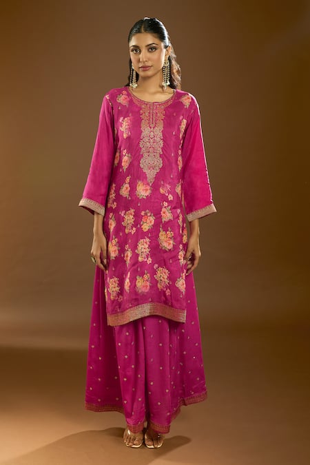 Buy_Naintara Bajaj_Pink Chiffon Sequins, Embroidery Round Neck Floral Bloom Print Kurta Sharara Set 