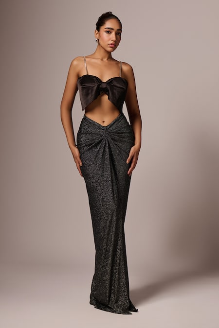 Buy_Emblaze_Black Lycra, Cotton Bows, Stones, Crystals Shimmer Skirt And Embellished Top _Online_at_Aza_Fashions