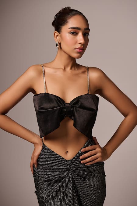 Shop_Emblaze_Black Lycra, Cotton Bows, Stones, Crystals Shimmer Skirt And Embellished Top _Online_at_Aza_Fashions