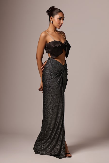 Emblaze_Black Lycra, Cotton Bows, Stones, Crystals Shimmer Skirt And Embellished Top _at_Aza_Fashions