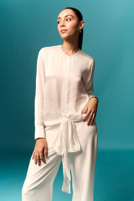 Emblaze_White Modal, Satin, Viscose Stones Round Neck Shirt And Embellished Pants _Online_at_Aza_Fashions