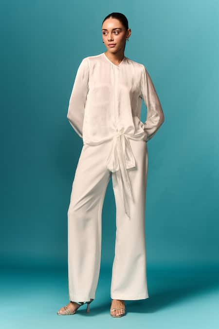 Emblaze White Modal, Satin, Viscose Stones Round Neck Shirt And Embellished Pants 