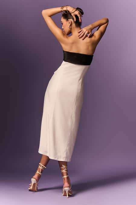 Shop Emblaze White Viscose Open Neck And Black Formal Midi Dress at Aza Fashions Shop_Emblaze_White Viscose Open Neck And Black Formal Midi Dress _at_Aza_Fashions