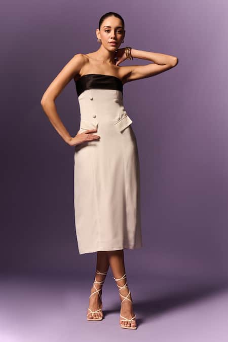 Emblaze White Viscose Open Neck And Black Formal Midi Dress 