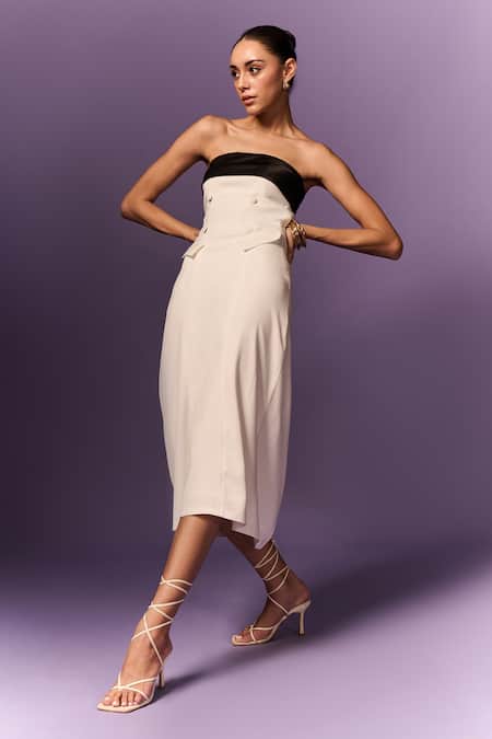 Shop Emblaze White Viscose Open Neck And Black Formal Midi Dress Online at Aza Fashions Shop_Emblaze_White Viscose Open Neck And Black Formal Midi Dress _Online_at_Aza_Fashions