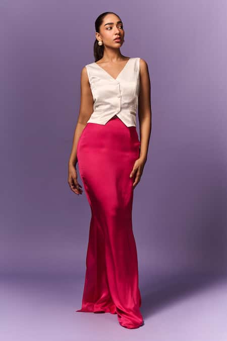 Shop_Emblaze_Cream Crepe V-neck Hot Pink Skirt And White Mashru Waistcoat Set _Online_at_Aza_Fashions