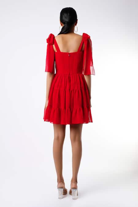 Emblaze Red Corset Dress with Tie-Up Sleeves 