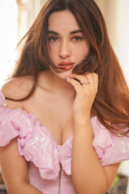 Shop Emblaze Lilac Sequins Off-shoulder Crop Top at Aza Fashions Shop_Emblaze_Lilac Sequins Off-shoulder Crop Top_at_Aza_Fashions