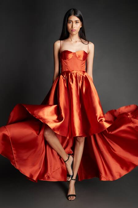 Emblaze Rust Sweetheart Neck Corset High-low Dress at Aza Fashions Emblaze_Rust Sweetheart Neck Corset High-low Dress _at_Aza_Fashions
