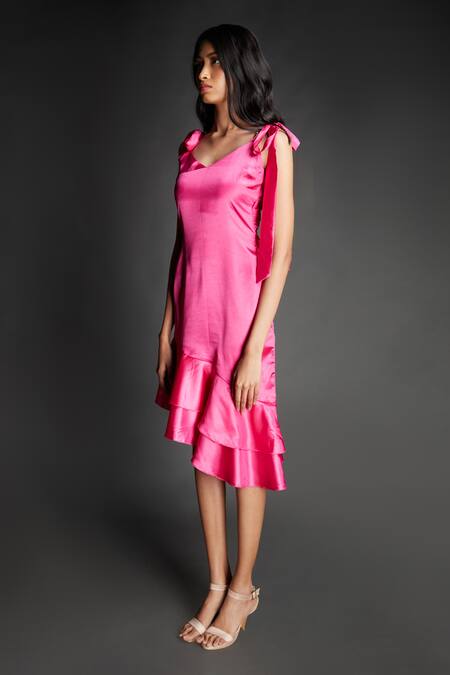 Emblaze Pink Modal, Satin V-neck Ruffled Dress With Shoulder Tie-up Online at Aza Fashions Emblaze_Pink Modal, Satin V-neck Ruffled Dress With Shoulder Tie-up _Online_at_Aza_Fashions